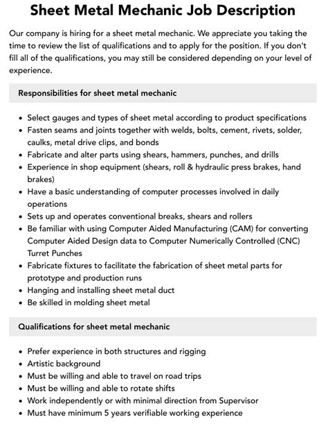 sheet metal assembler job description|sheet metal contractor job description.